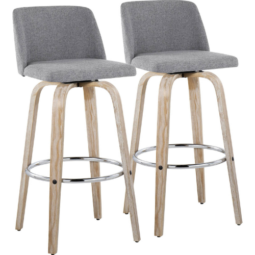 Toriano 30" Swivel Bar Stool in White Washed Wood & Grey Fabric with Chrome Footrest (Set of 2)